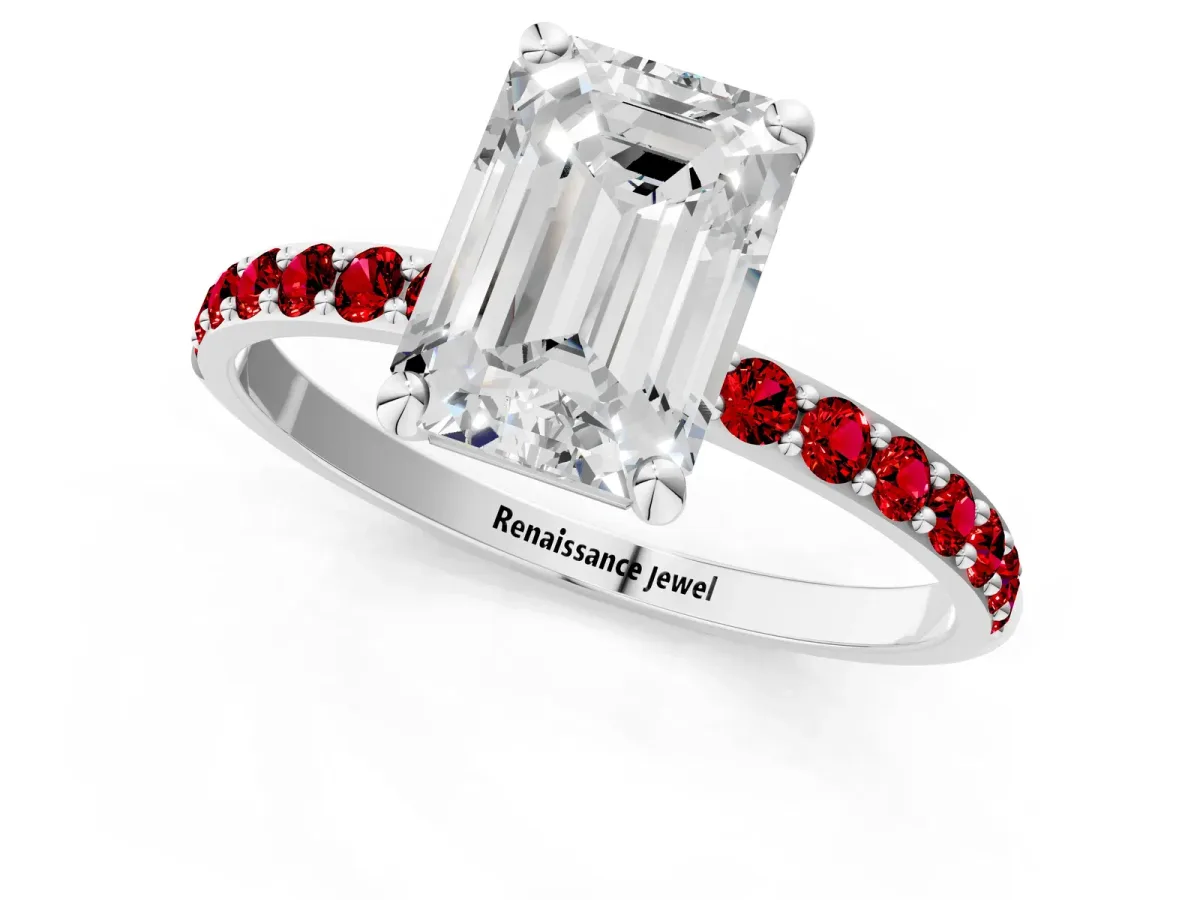 Emerald Cut Diamond Solitaire Ring with Round Ruby Pavé Band and Prong Setting Platinum