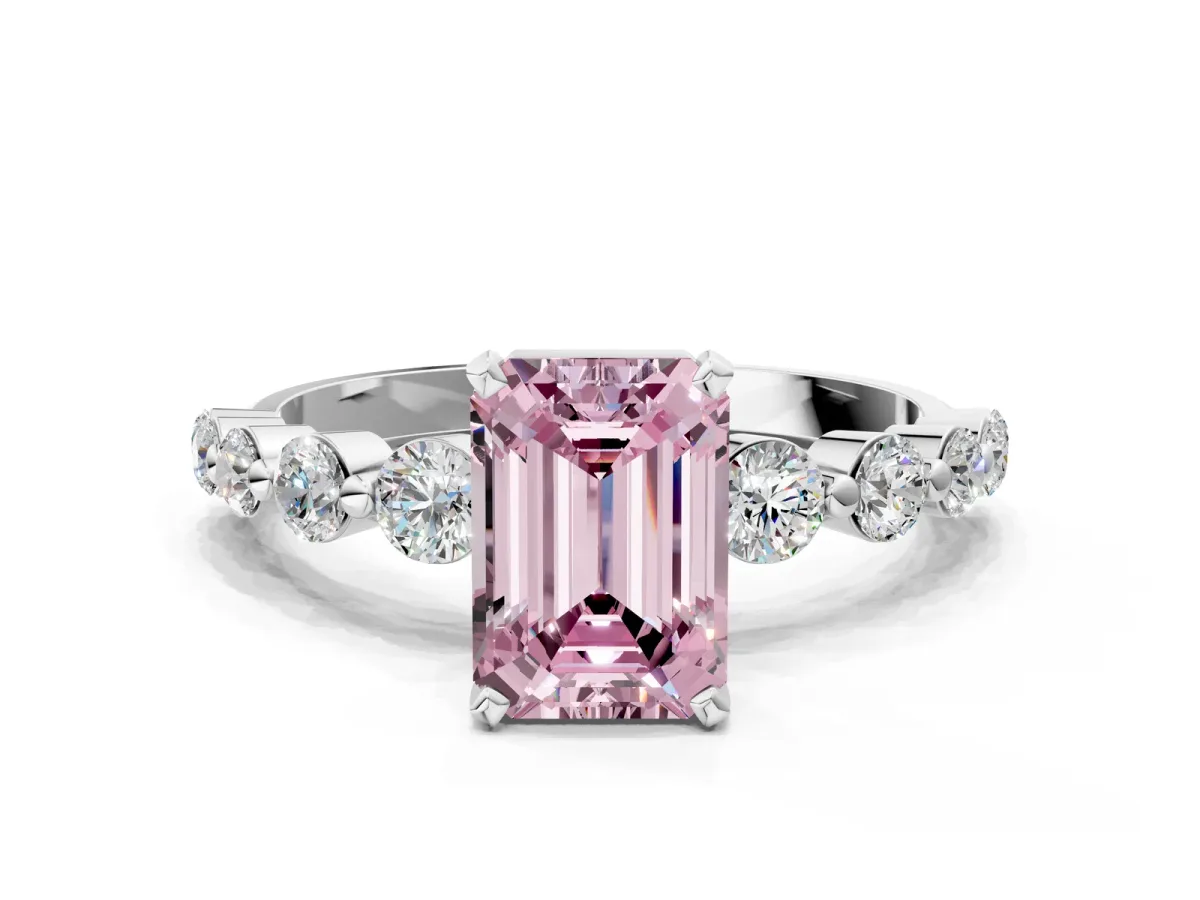 Fancy Pink Emerald Cut Solitaire Diamond Ring with Pave Band and Four-Prong Setting Platinum