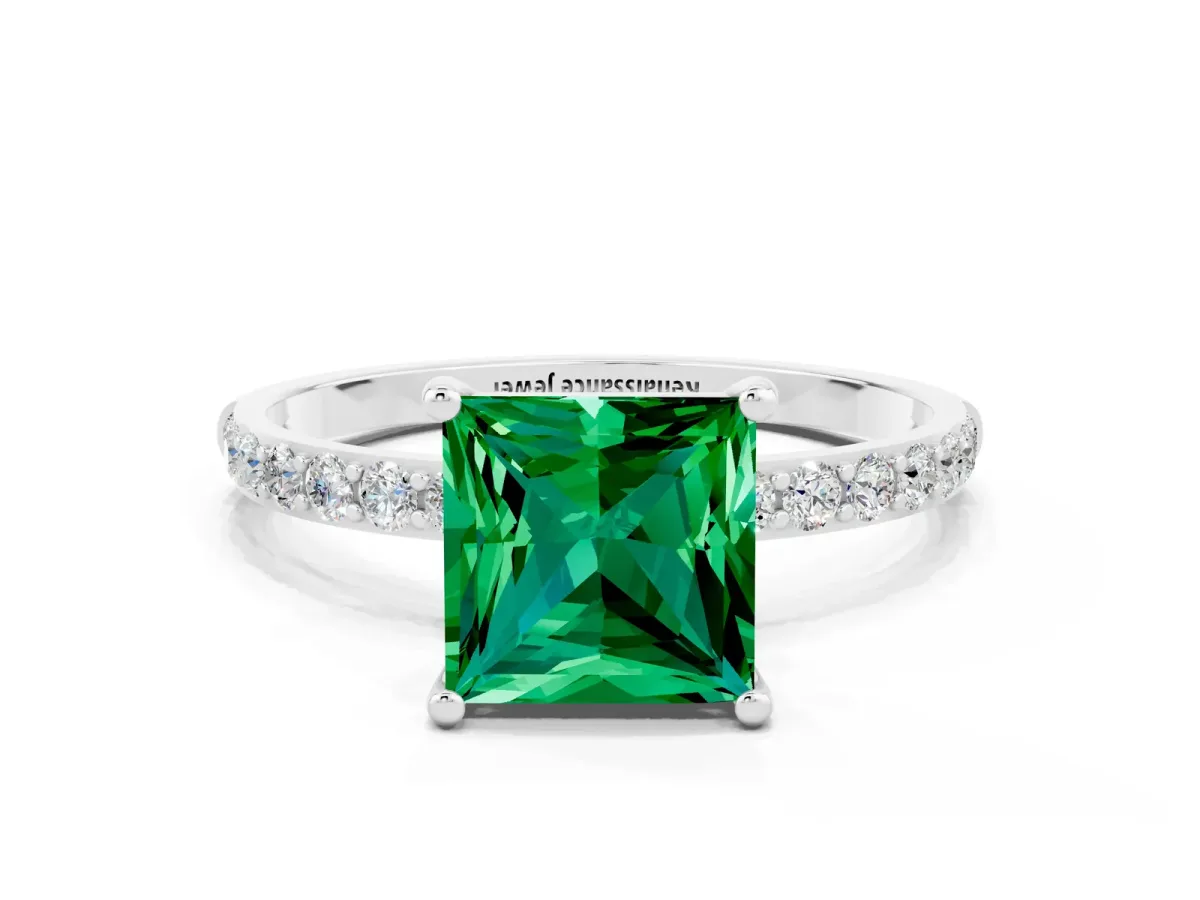 Princess Cut Emerald Solitaire Ring with Round Pavé Band and Prong Setting Platinum