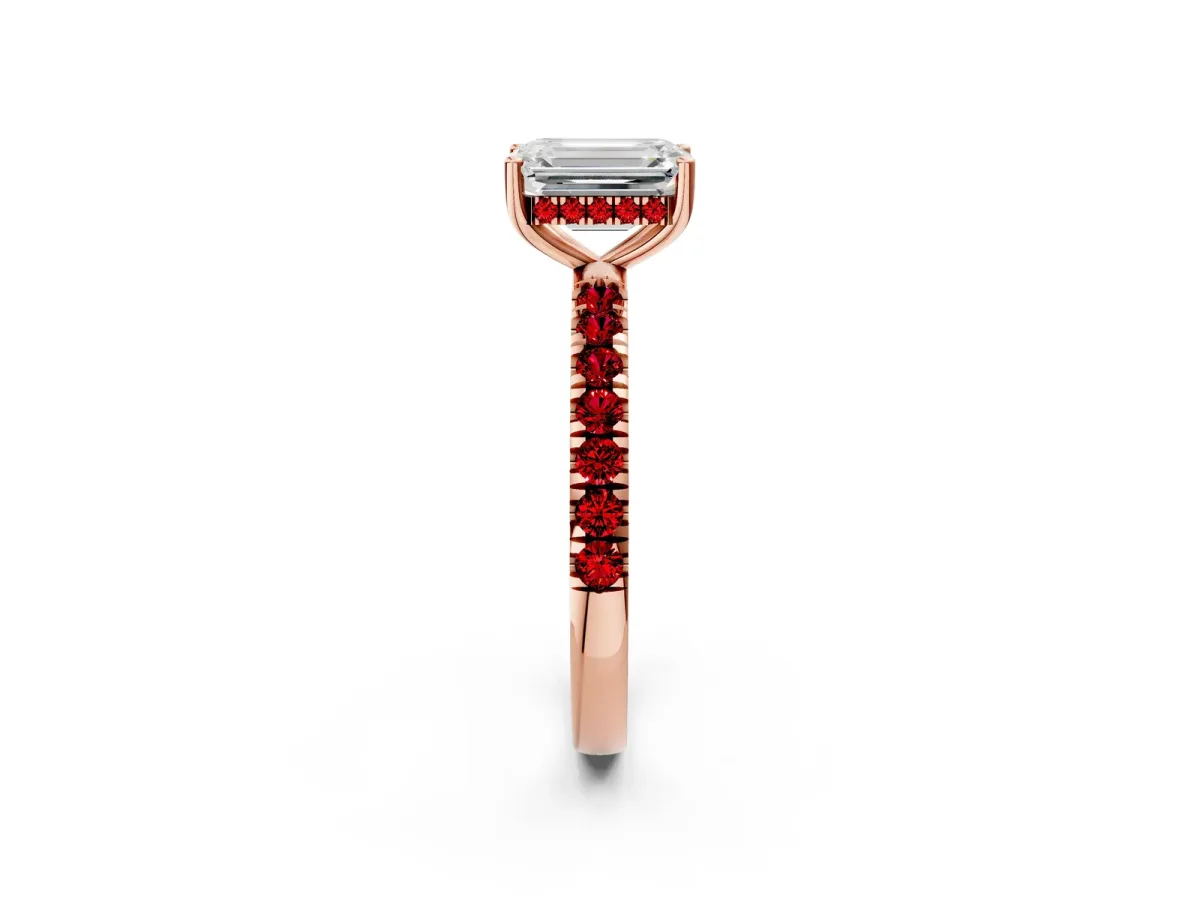 Emerald Cut Diamond Pave Band Solitaire Ring with Round Ruby and Prong Setting Rose gold