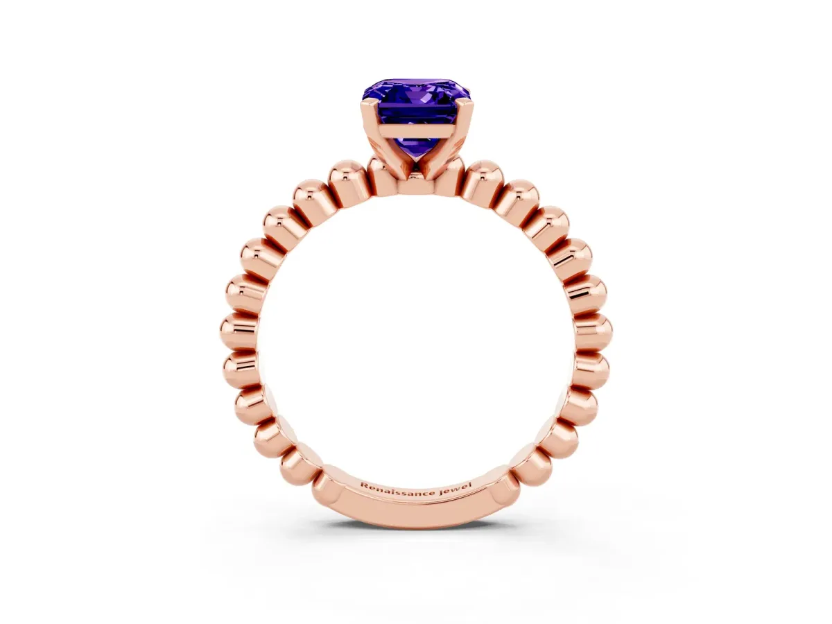 Emerald Cut Tanzanite Solitaire Ring with Beaded Band and Prong Setting Rose gold
