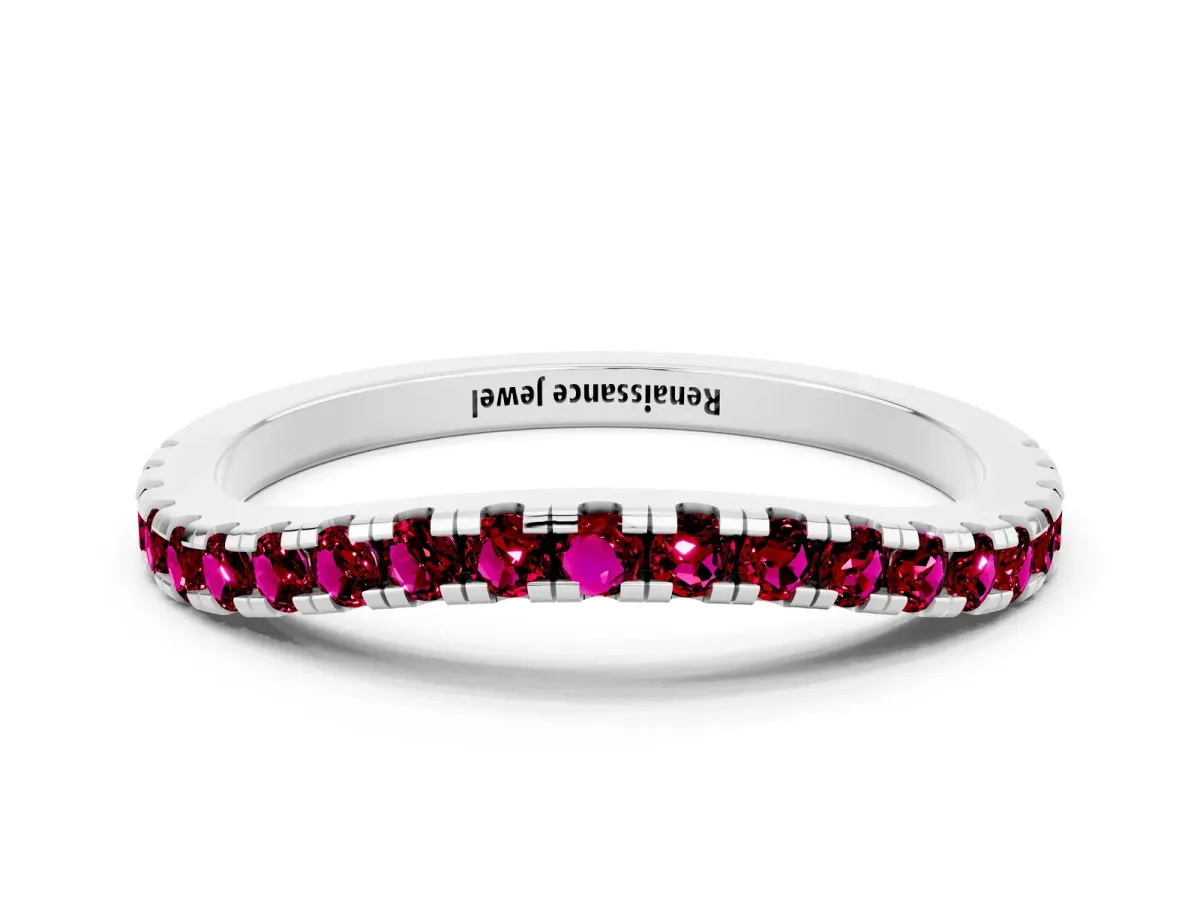 Round Garnet Pavé Half Eternity Band with Shared Prong Setting White gold