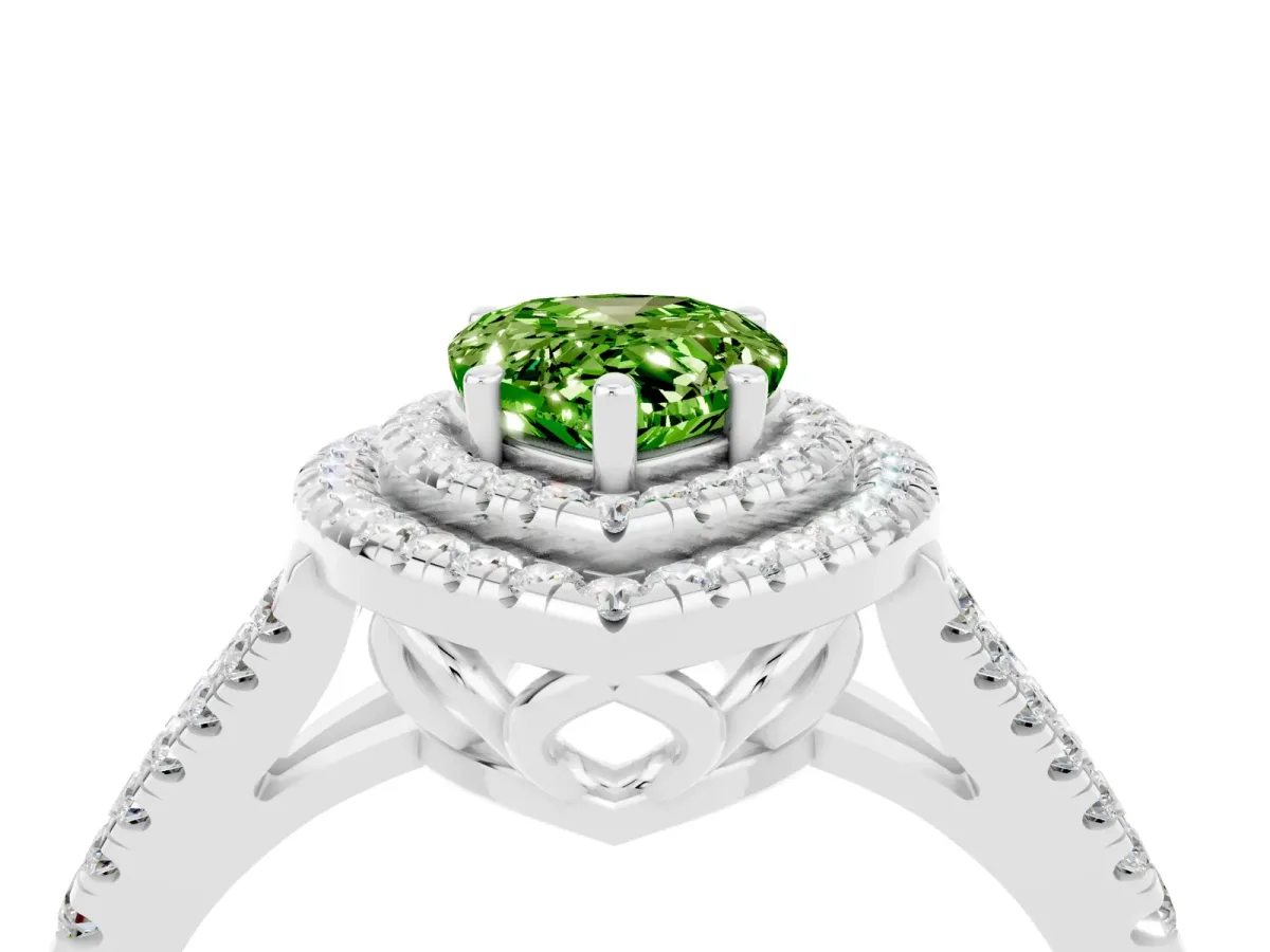 Pear Cut Peridot Double Halo Ring with Pavé Band and Prong Setting Silver
