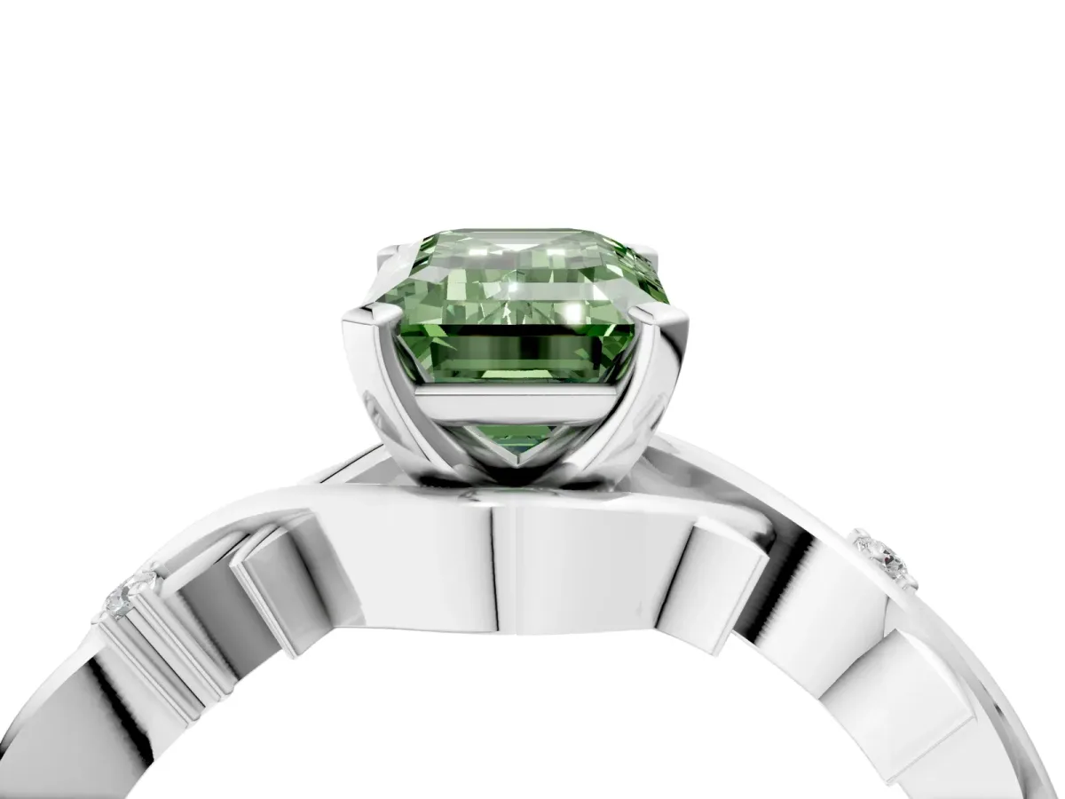 Fancy Green Emerald Cut Diamond Solitaire Ring with Twisted Band and Prong Setting Silver