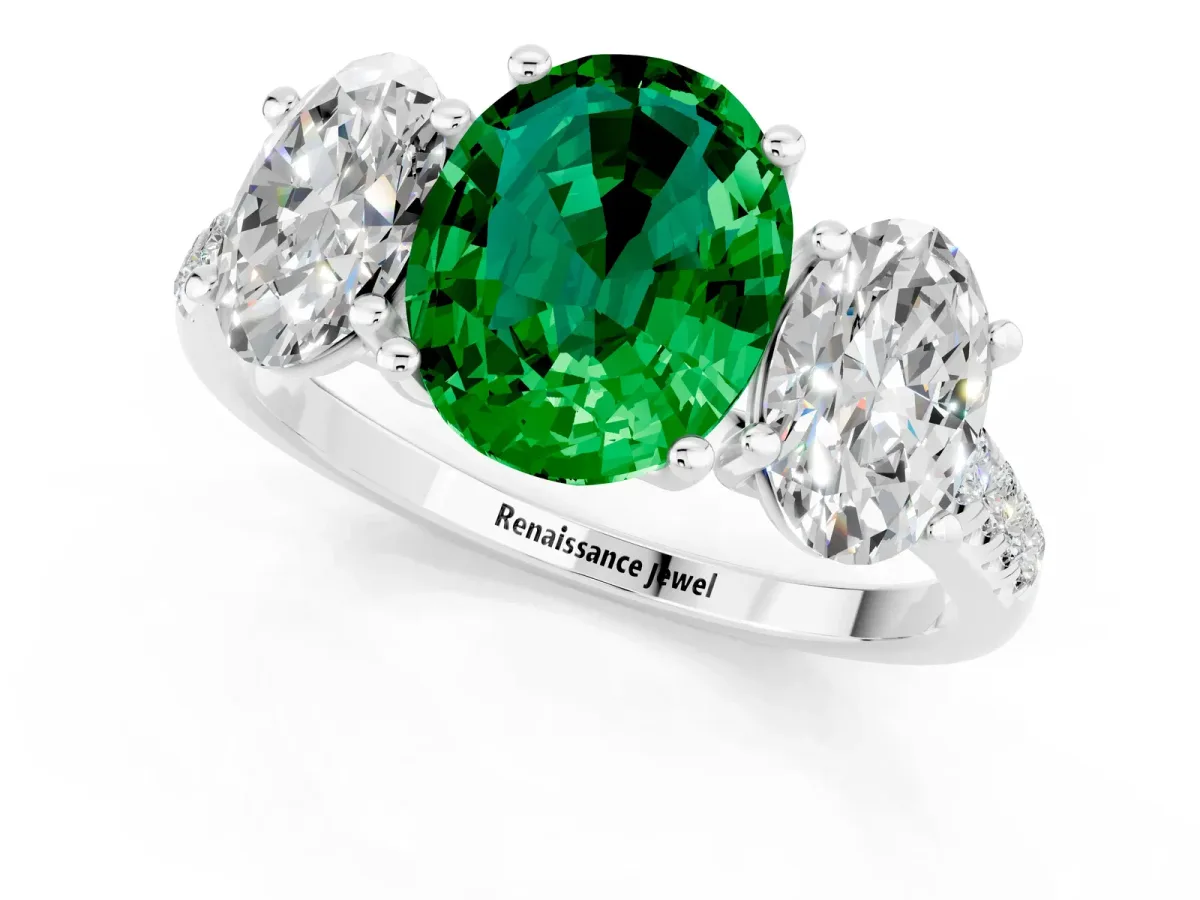 Three-Stone Oval Cut Emerald Ring with Round Pavé Band and Prong Setting Platinum