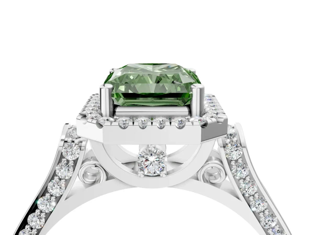 Fancy Green Radiant Cut Halo Pave Split Shank Prong Setting Ring Platinum