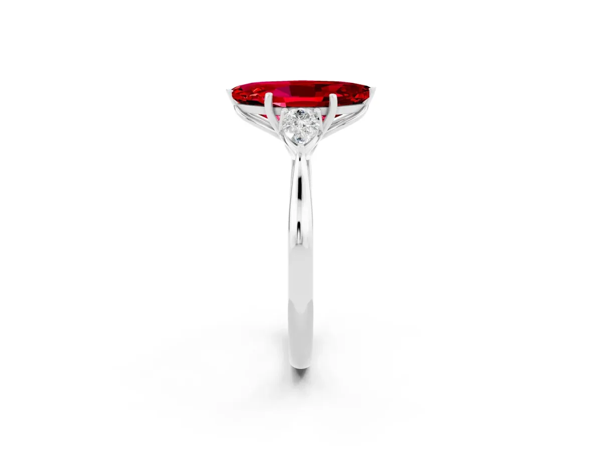 Marquise Cut Ruby Three-Stone Ring with Pear Side Stones and Prong Setting Silver