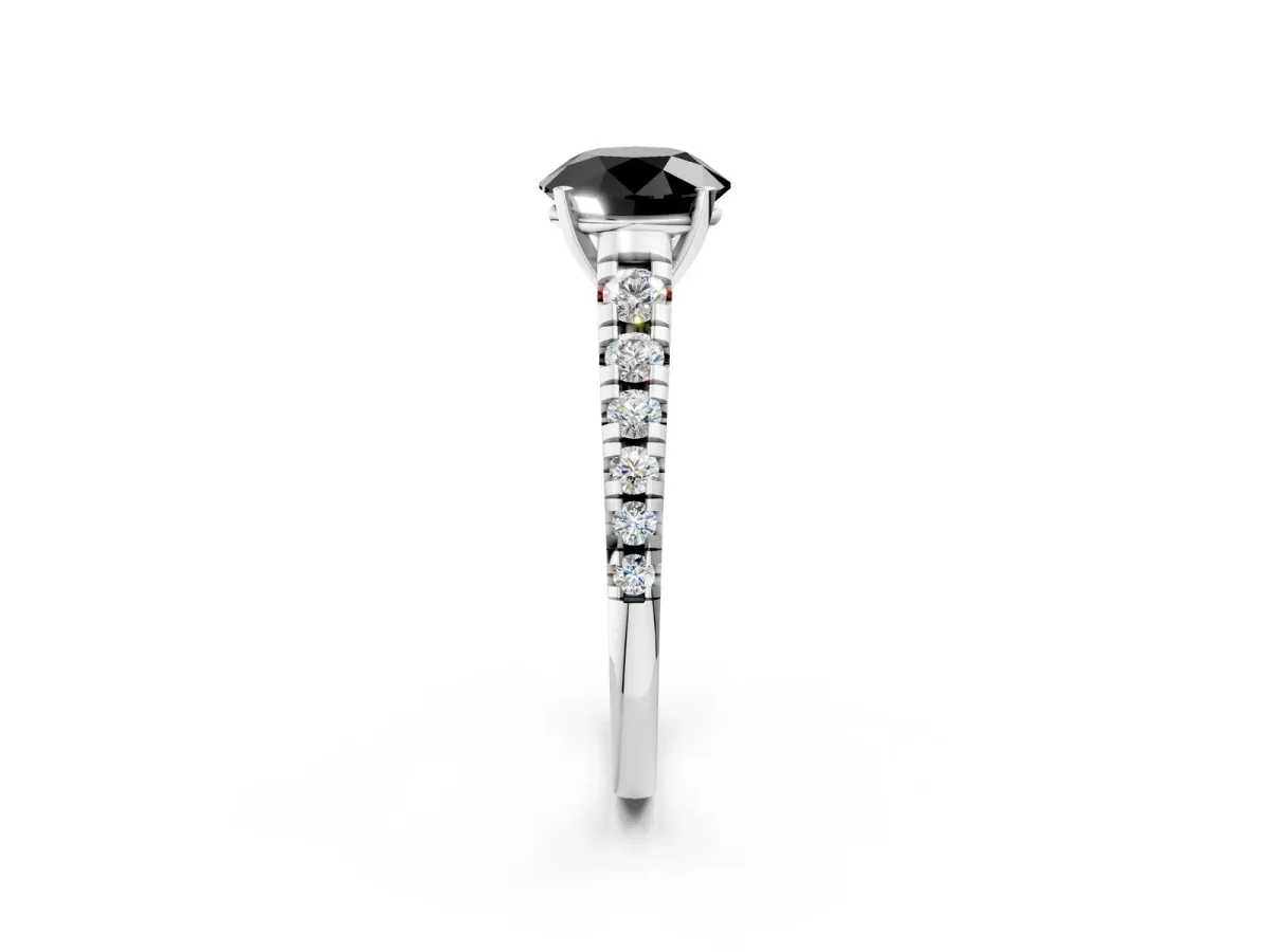 Fancy Black Round Cut Diamond Cathedral Solitaire Ring with Round Pavé Band Silver