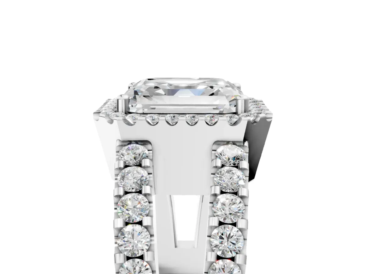 Asscher Cut Cut Halo Split Shank Diamond Ring with Four-Prong Setting Platinum