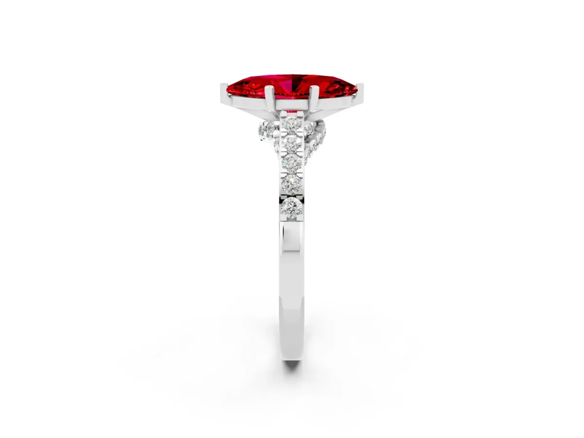Marquise Cut Ruby Solitaire Ring with Crossover Gallery and Round Pavé Band Platinum