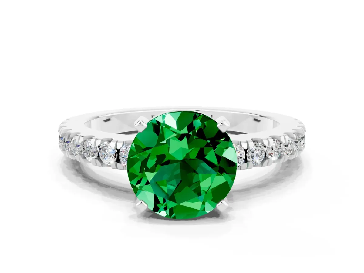 Round Cut Solitaire Emerald with Pavé Band and Four-Prong Setting Platinum