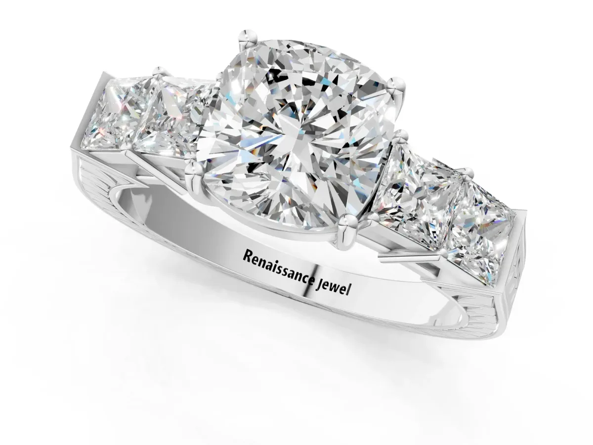 Cushion Cut Solitaire Princess Side Stone Engraved Band Prong Setting Ring Silver