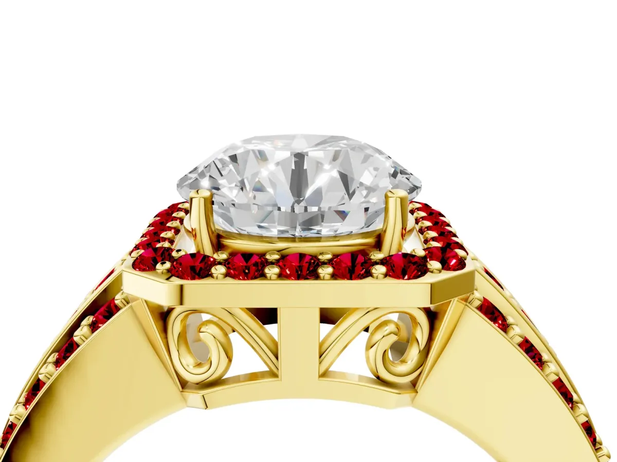 Round Cut Halo Diamond Ring with Round Ruby Split Shank and Prong Setting Yellow gold
