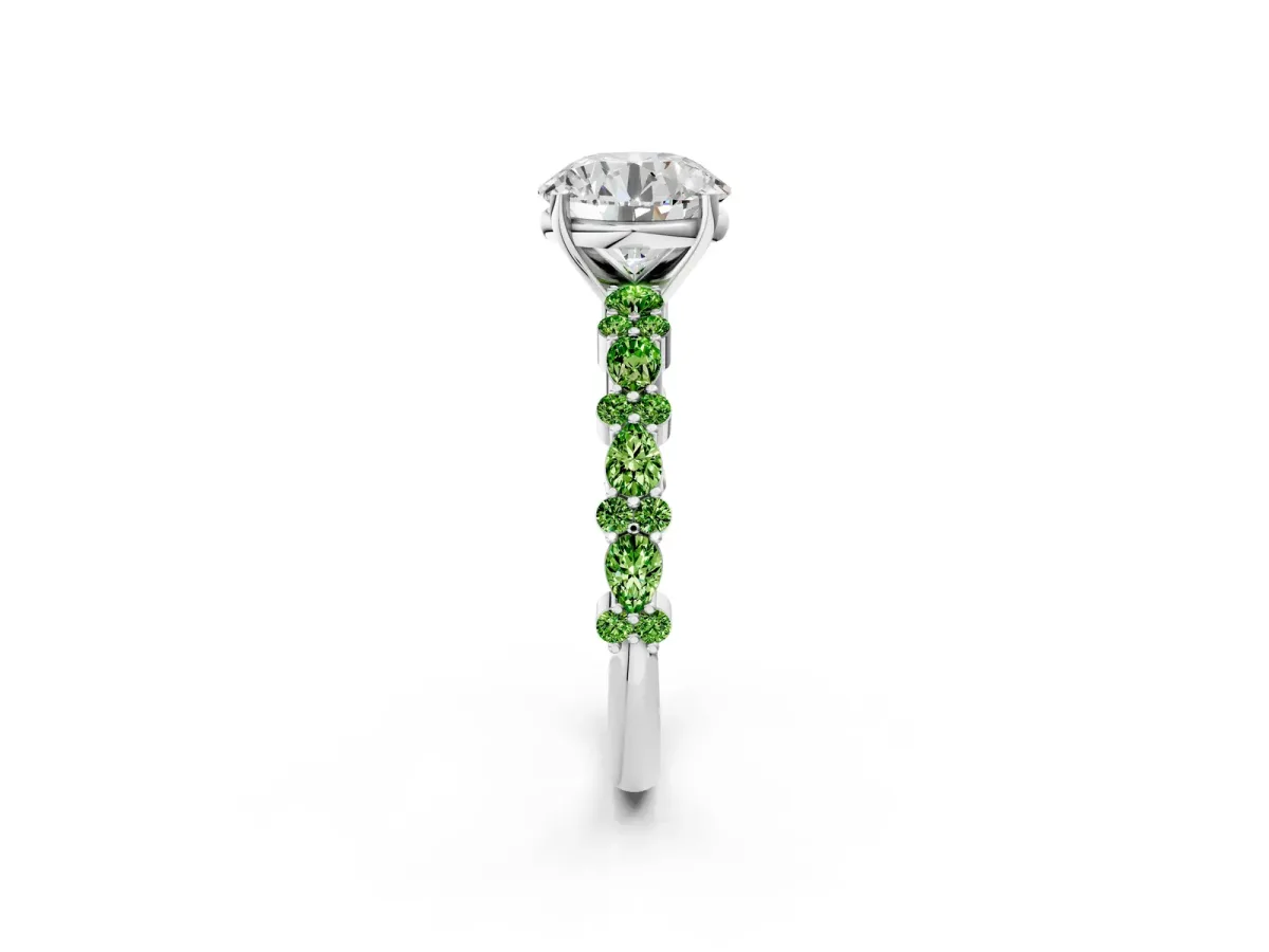 Round Cut Diamond Side Stone Solitaire Ring with Round Peridot and Four-Prong Setting Silver