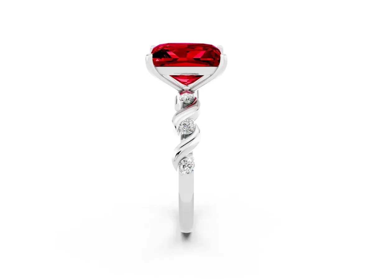 Princess Cut Ruby Solitaire Twisted Band with Round Accents and Prong Setting Silver
