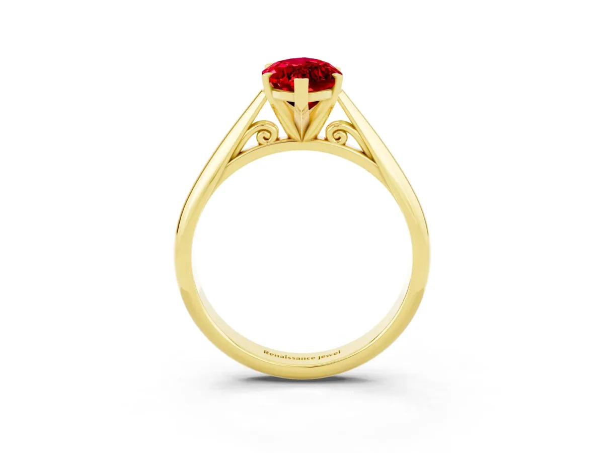 Marquise Cut Ruby Solitaire Engagement Ring with Cathedral Setting and Four-Prong Mount Yellow gold