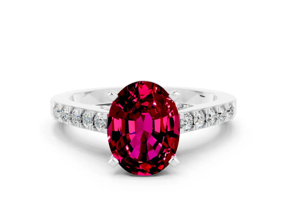 Oval Cut Garnet Solitaire Ring with Crossover Gallery and Round Pavé Band Silver