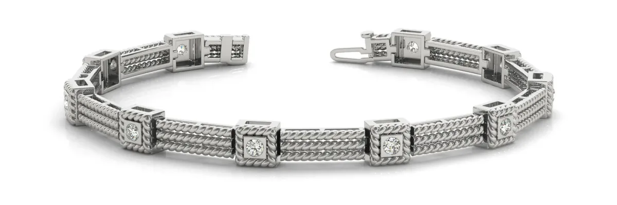 Square Bezel Diamond Rope Chain Bracelet White gold