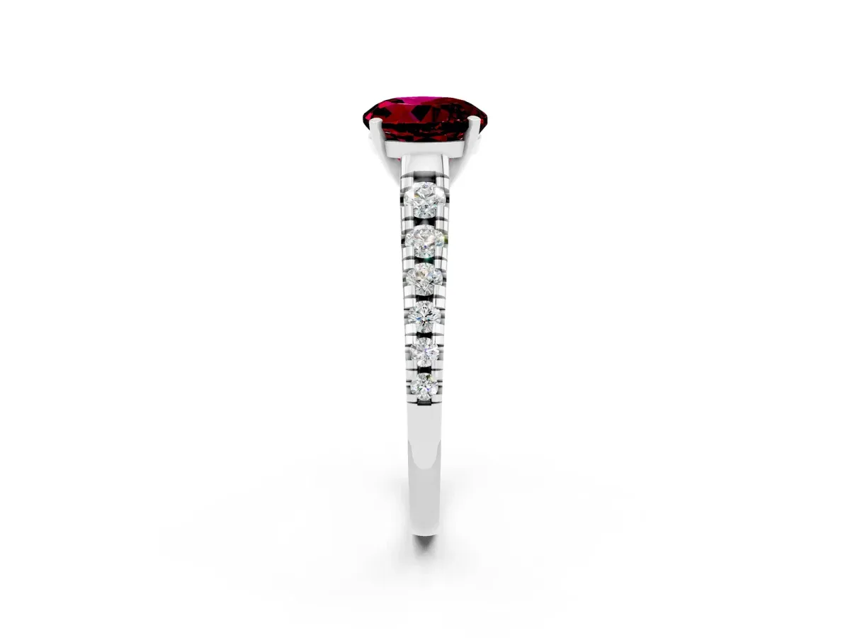 Round Cut Garnet Cathedral Solitaire Ring with Round Pavé Band Platinum