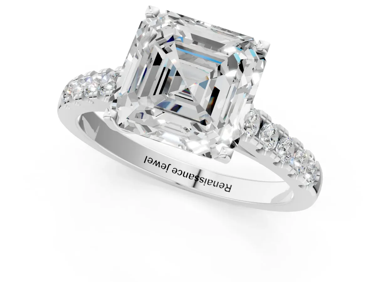 Asscher Cut Diamond Pavé Band Solitaire Ring with Prong Setting Platinum