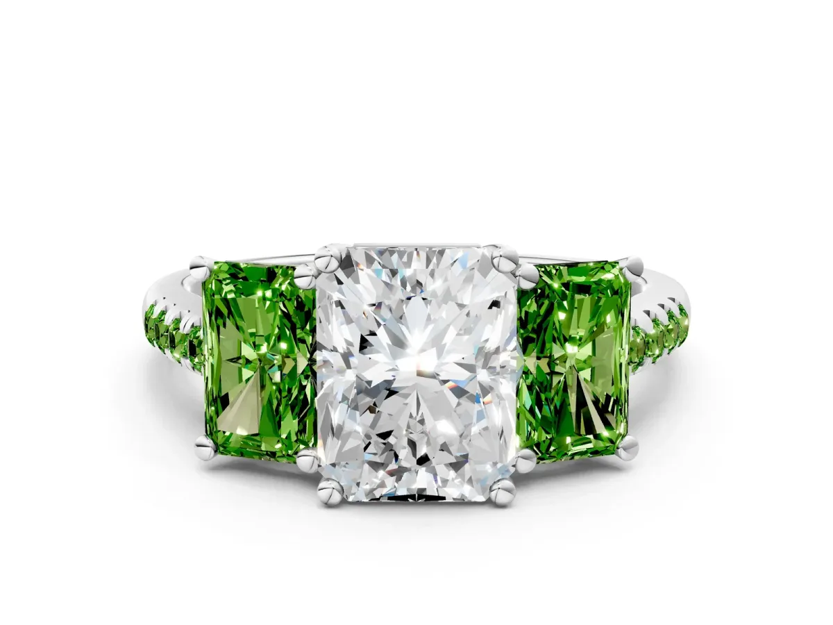 Three-Stone Radiant Cut Diamond Ring with Round Peridot Pavé Band and Prong Setting Silver
