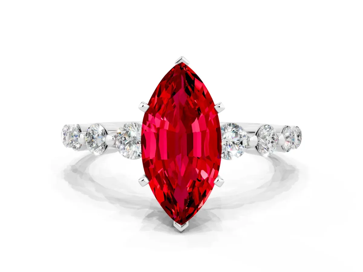 Marquise Cut Solitaire Ruby Ring with Pave Band and Four-Prong Setting Silver