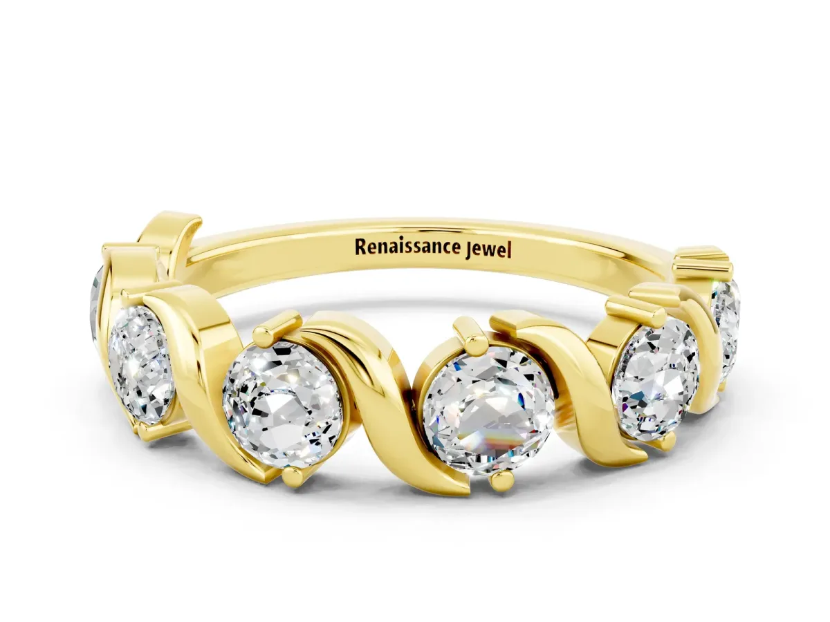 Round Moissanite Half Eternity Band with Wave Prong Setting Yellow gold