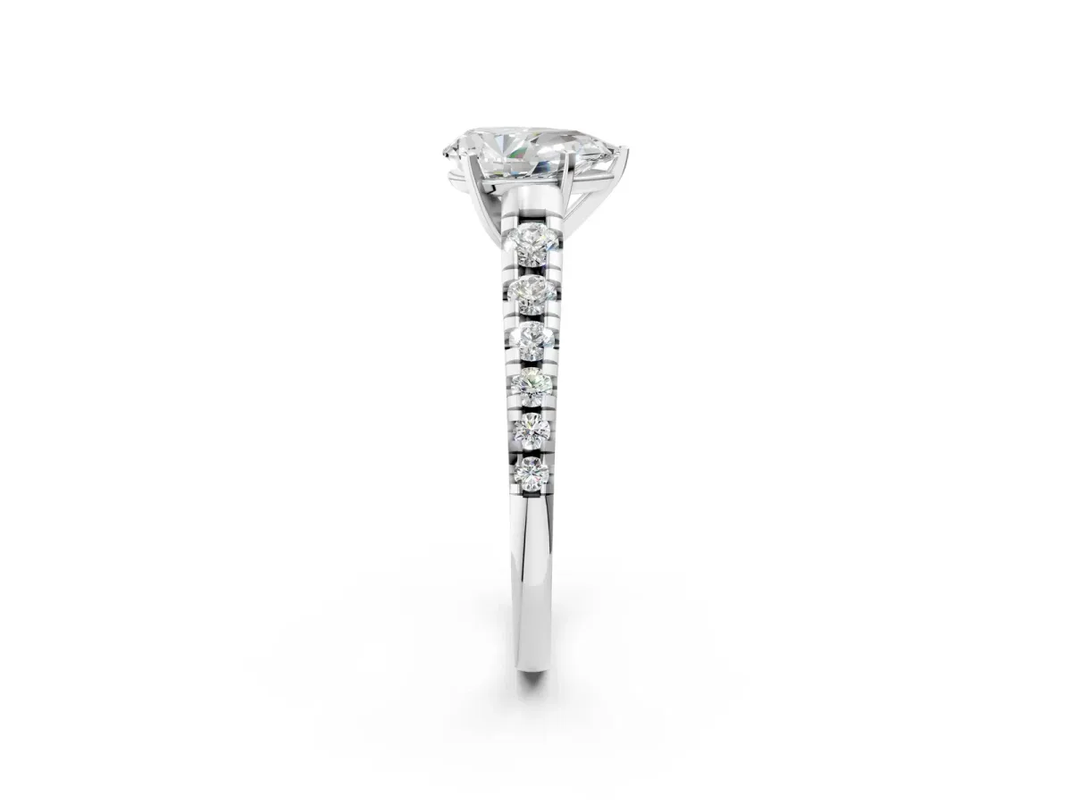 Pear Cut Diamond Cathedral Solitaire Ring with Round Pavé Band Platinum