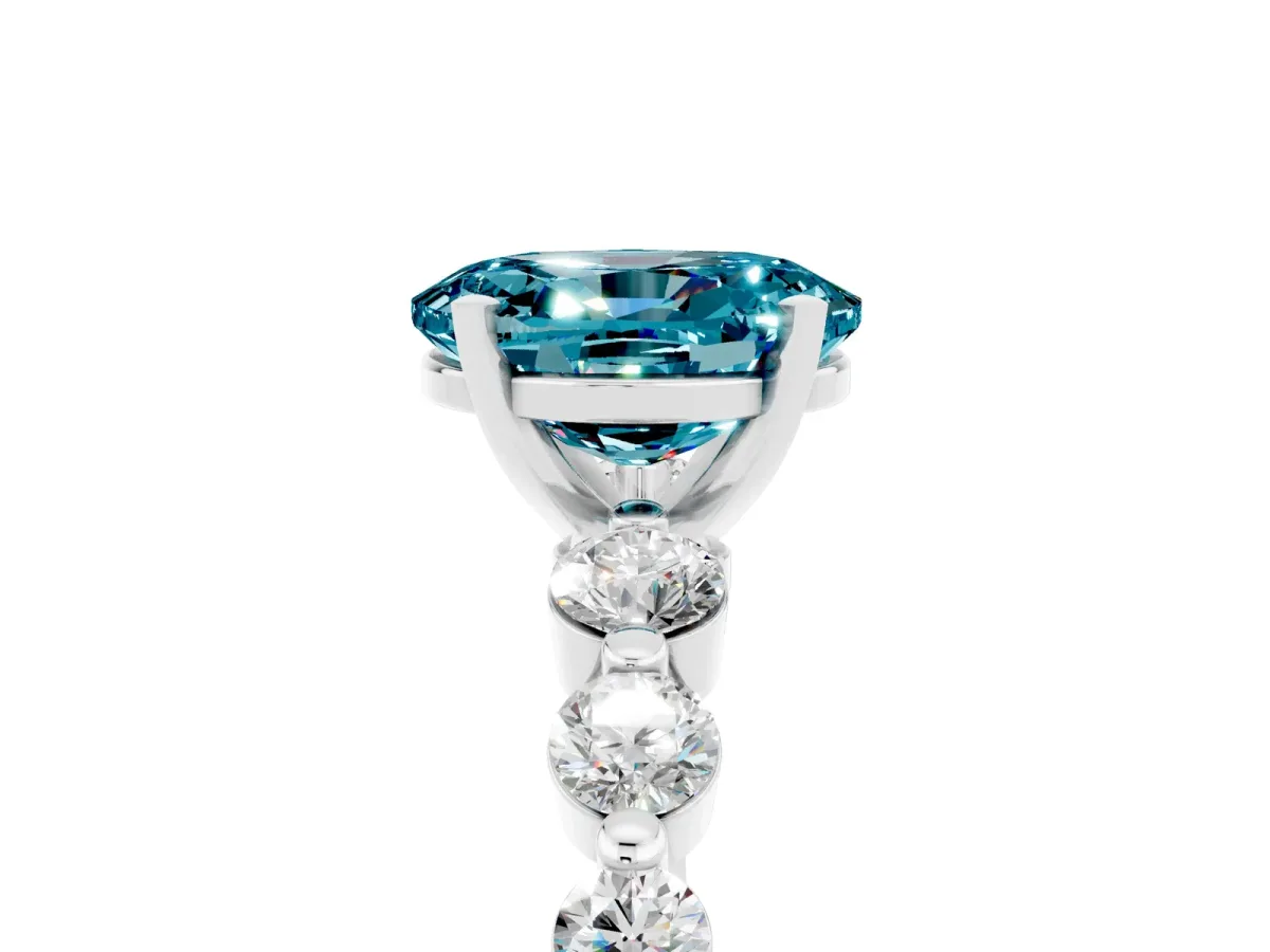 Oval Cut Solitaire Blue Topaz Ring with Pave Band and Four-Prong Setting Silver