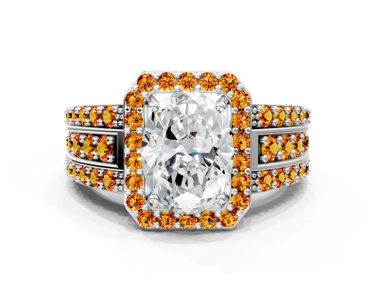 Oval Cut Halo Diamond Ring with Round Citrine Split Shank and Prong Setting Silver