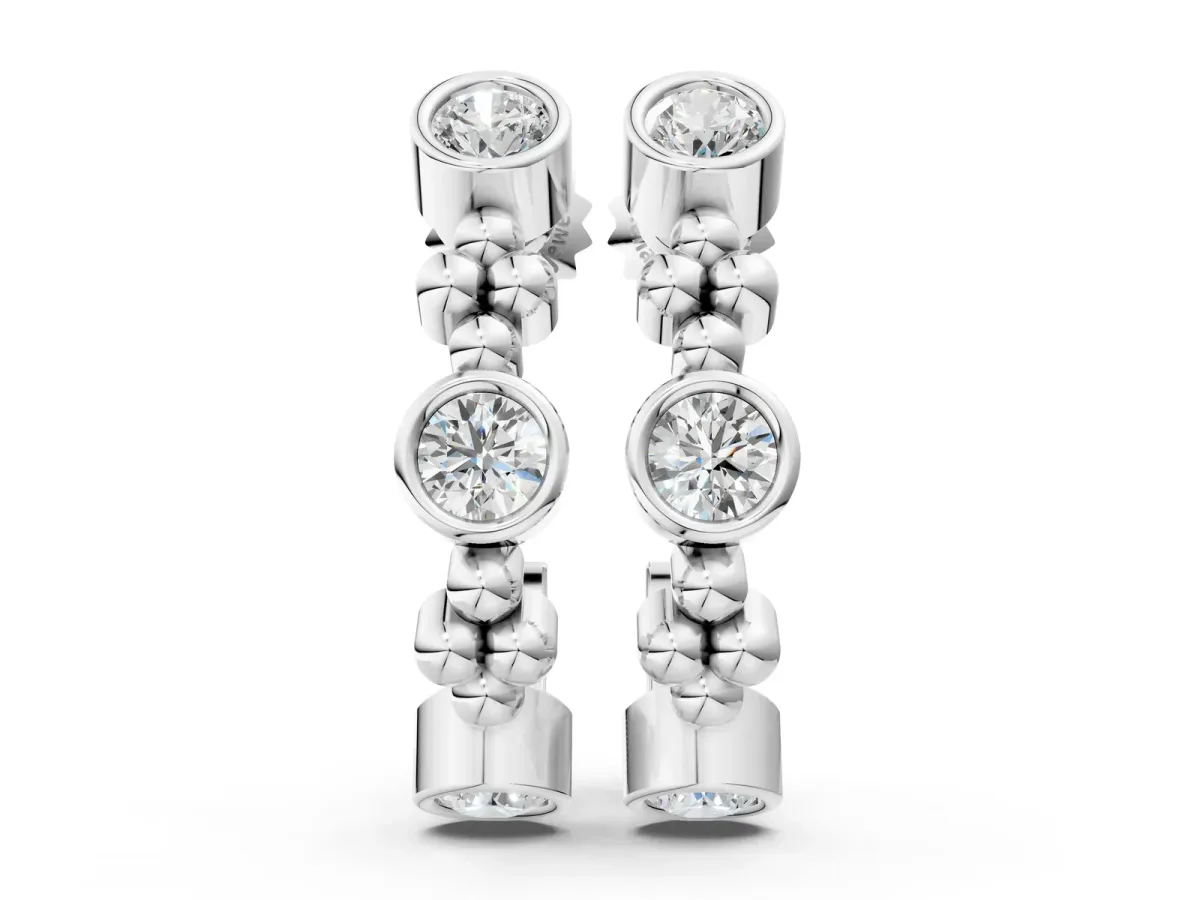 Bezel Set Round Diamond Beaded Hoop Earrings Silver