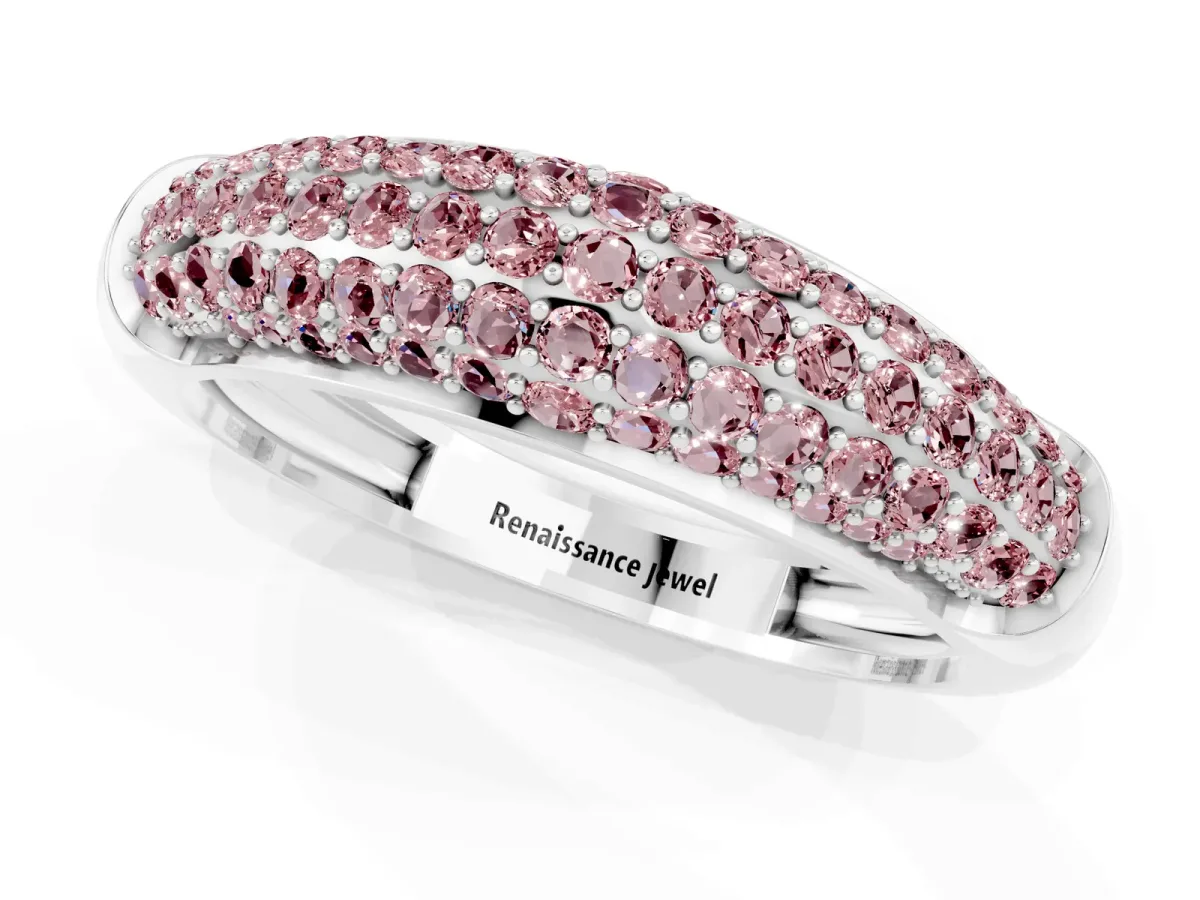 Three-Row Pavé Round Morganite Dome Band Platinum