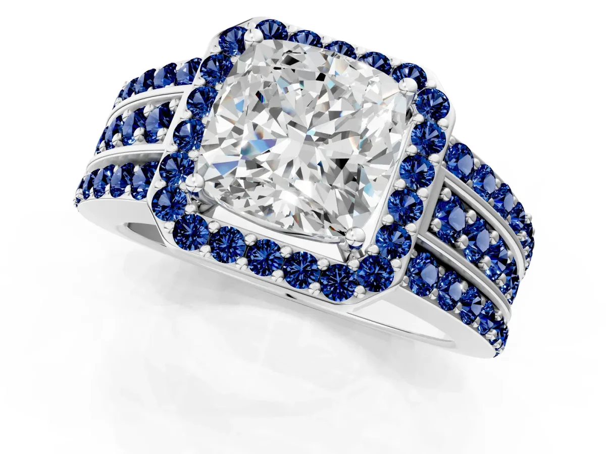 Cushion Cut Halo Diamond Ring with Round Blue Sapphire Split Shank and Prong Setting Silver