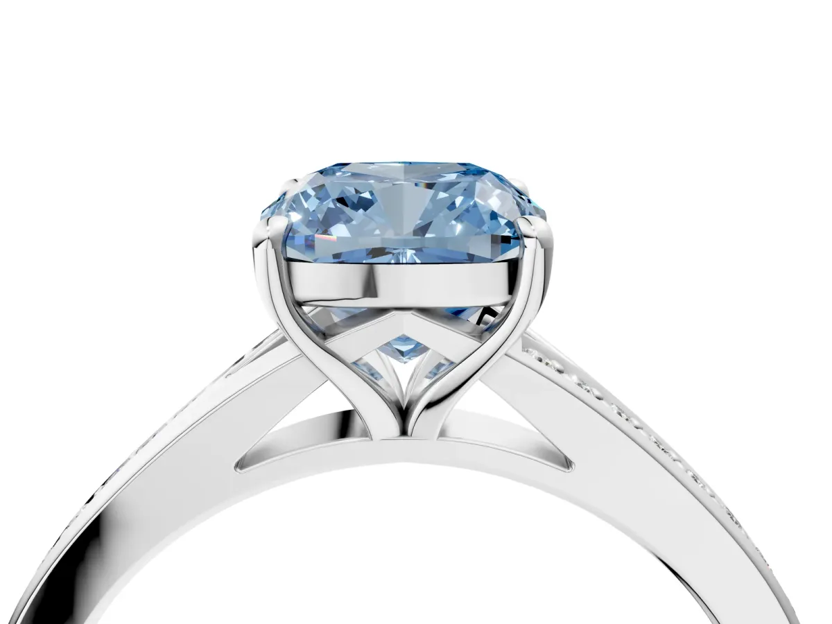 Fancy Blue Cushion Cut Diamond Solitaire Ring with Pavé Band and Prong Setting Silver