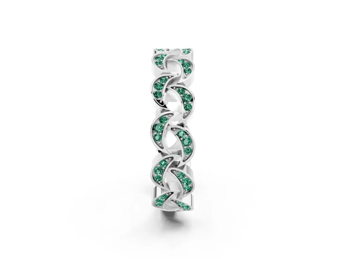 Pavé Round Green Sapphire Interlocking Eternity Band with Bezel Prong Setting White gold