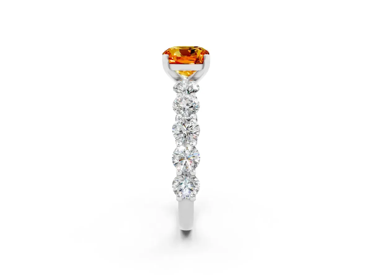 Cushion Cut Citrine Prong Setting with Side Stones on a Pave Band Silver