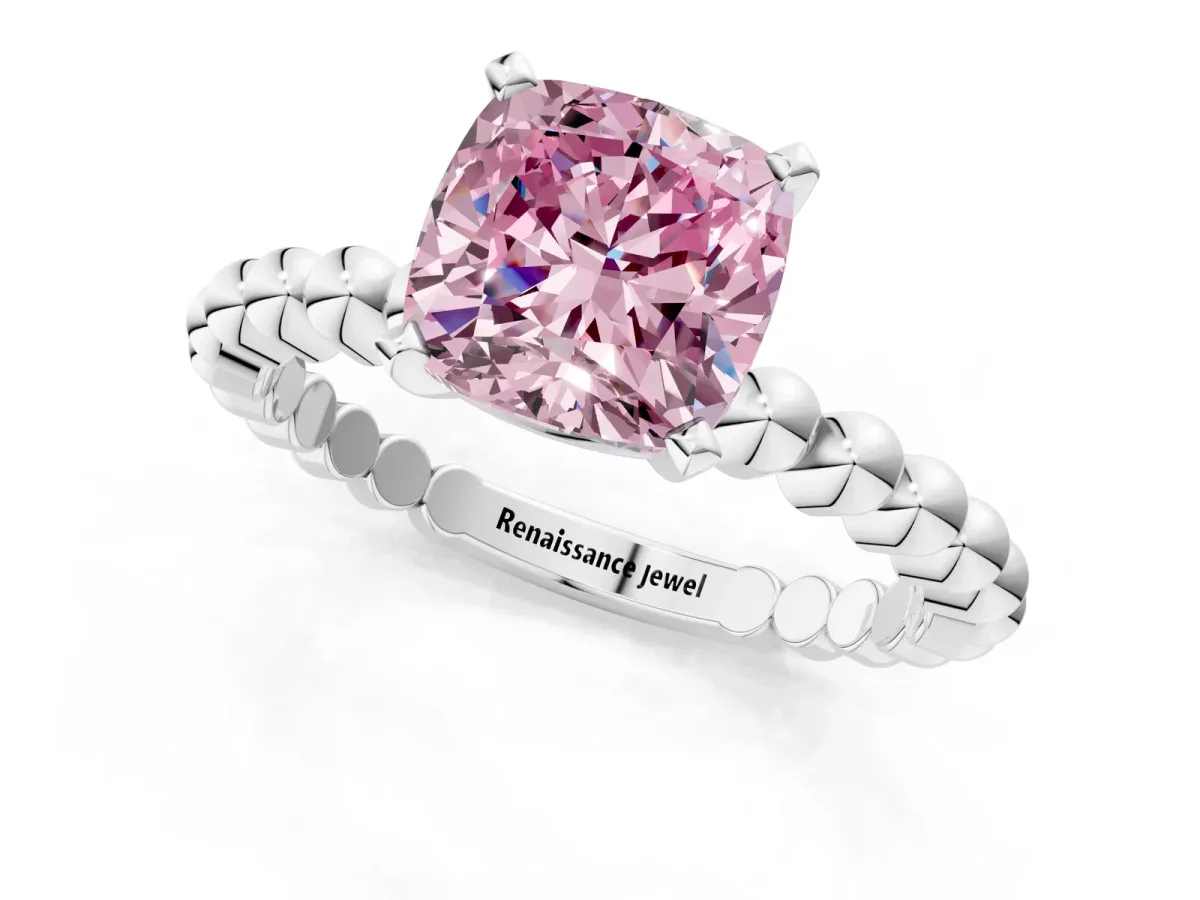 Fancy Pink Cushion Cut Diamond Solitaire Ring with Beaded Band and Prong Setting Platinum