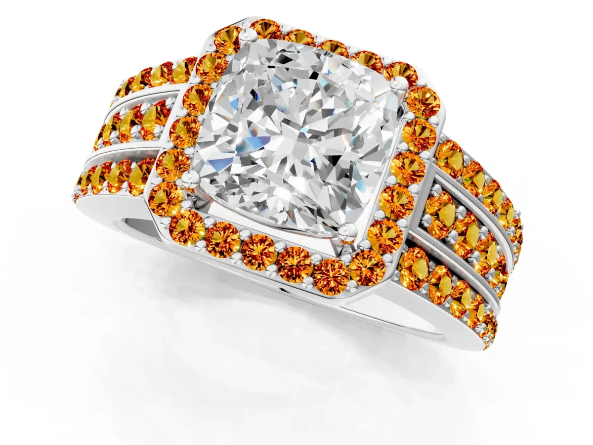 Cushion Cut Halo Diamond Ring with Round Citrine Split Shank and Prong Setting Platinum