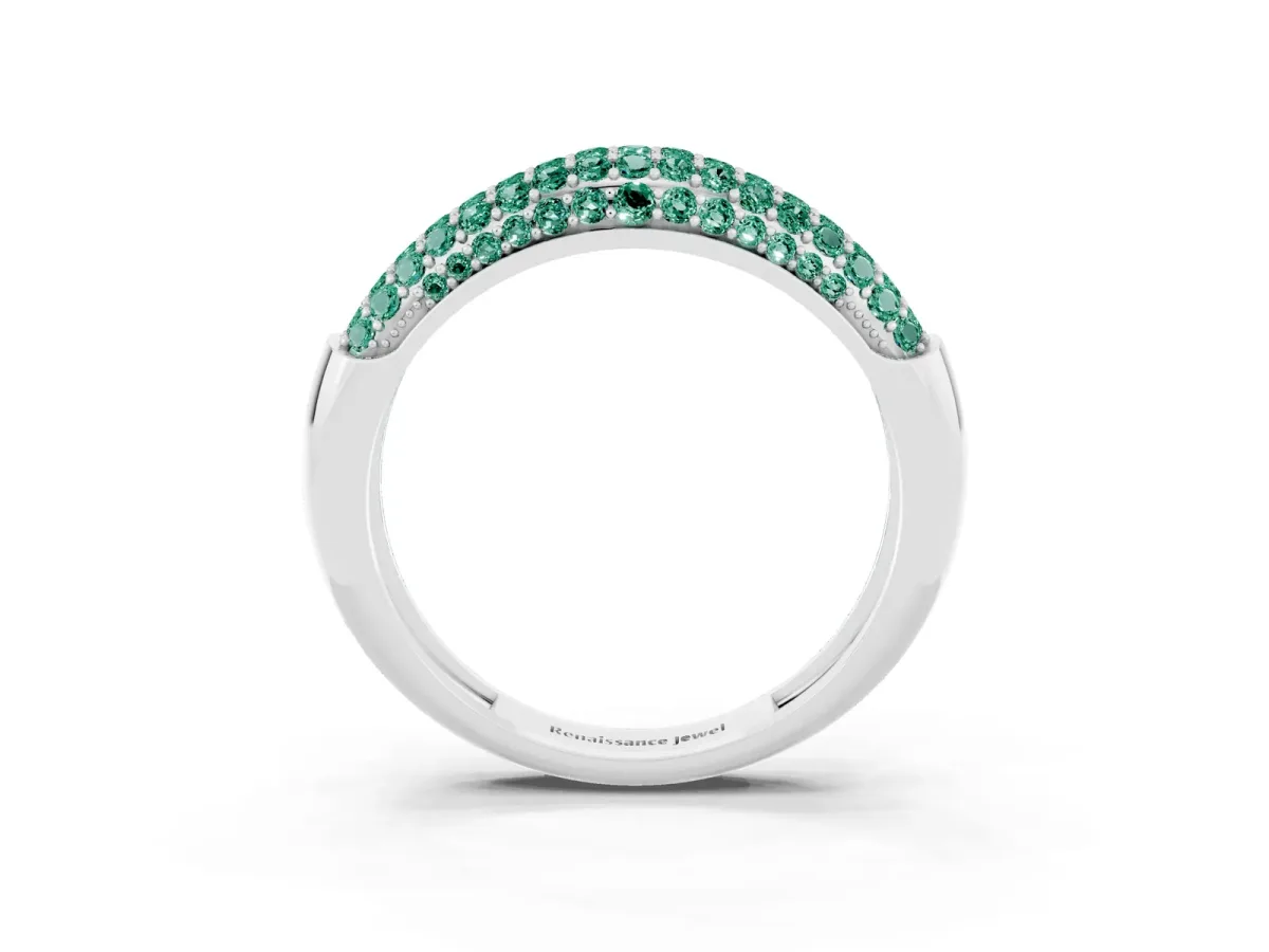 Three-Row Pavé Round Green Sapphire Dome Band White gold