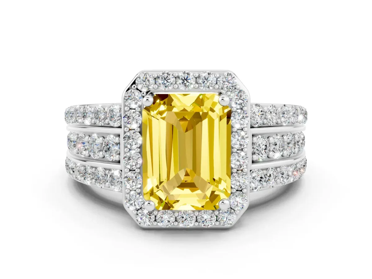 Emerald Cut Halo Yellow Sapphire Ring with Round Split Shank and Prong Setting Platinum