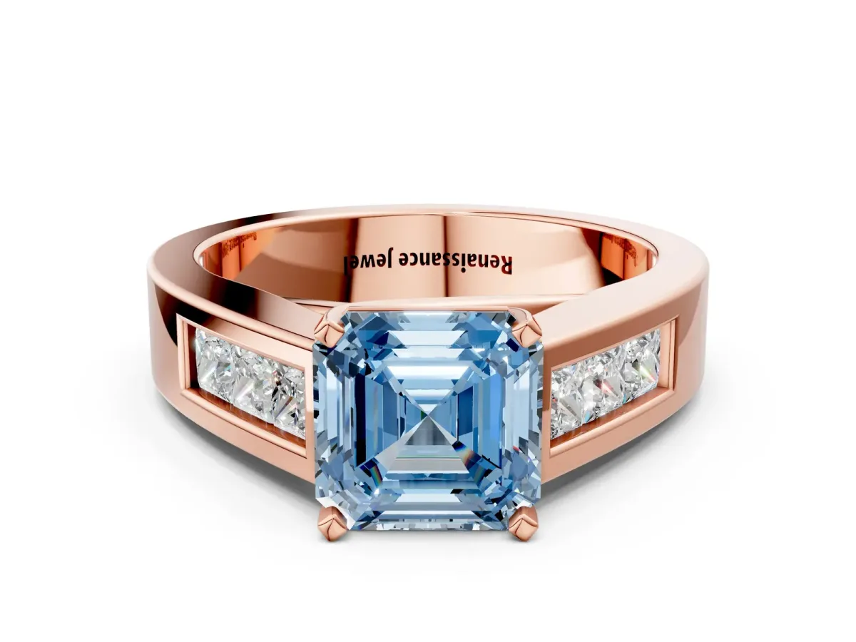 Fancy Blue Asscher Cut Cut Channel Set Solitaire Ring with Four-Prong Setting Rose gold