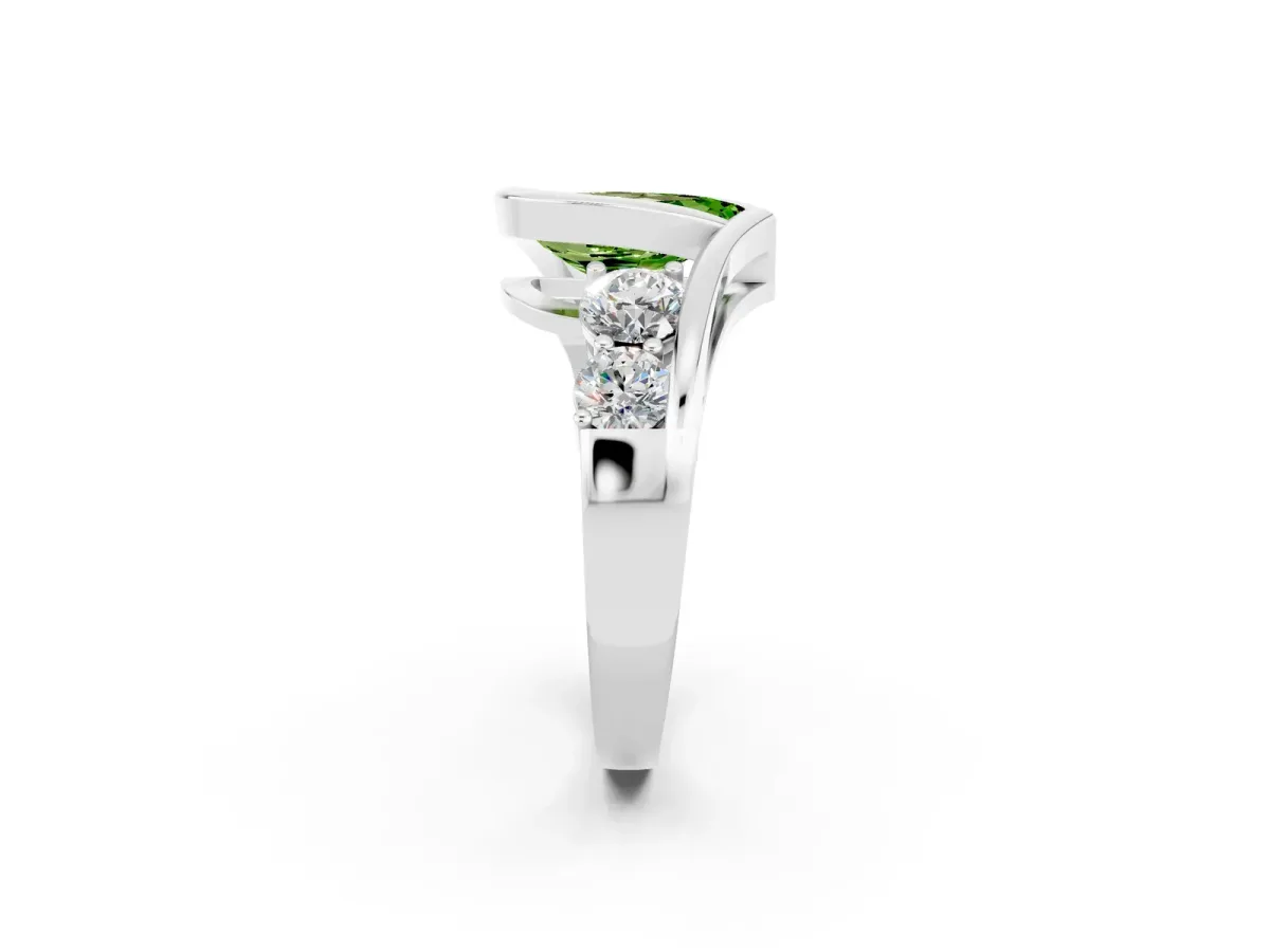 Bezel Set Pear Cut Peridot Bypass Ring with Round Accents Silver