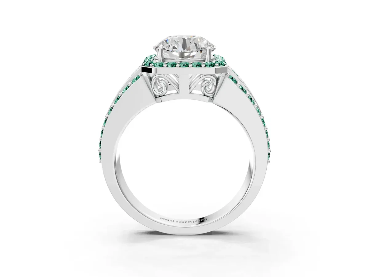 Round Cut Halo Diamond Ring with Round Green Sapphire Split Shank and Prong Setting Silver