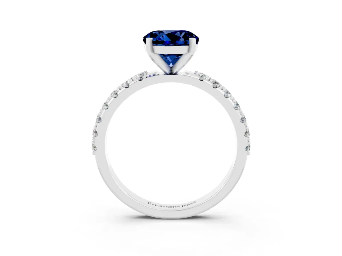 Round Cut Blue Sapphire Solitaire Pavé Band with Four-Prong Setting Platinum