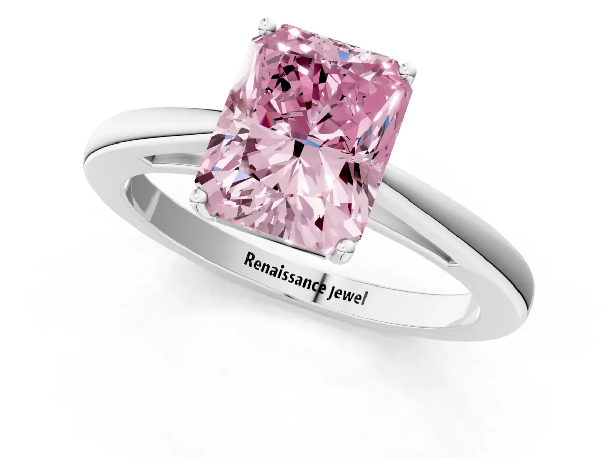 Fancy Pink Radiant Cut Solitaire Diamond Ring with Split Shank and Four-Prong Setting Platinum