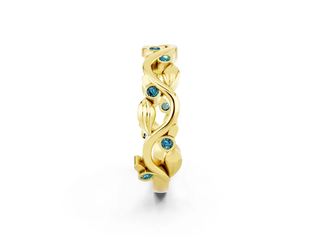 Round Blue Topaz Leaf Eternity Band with Bezel Setting Yellow gold