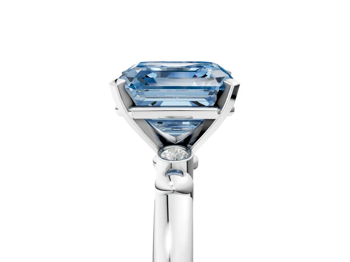 Fancy Blue Asscher Cut Solitaire Beaded Band with Four-Prong Setting Platinum