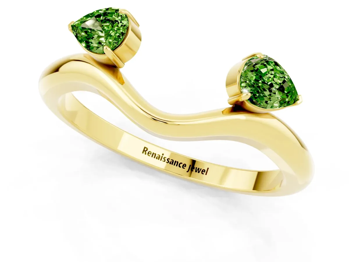Pear Cut Peridot Two-Stone Open Band Ring with Prong Setting Yellow gold