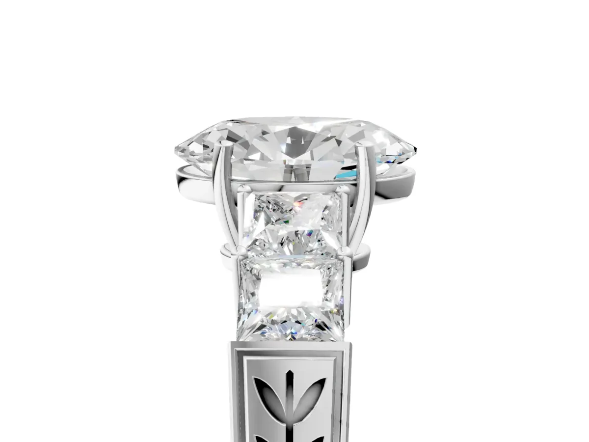 Oval Cut Solitaire Princess Side Stone Engraved Band Prong Setting Ring Silver