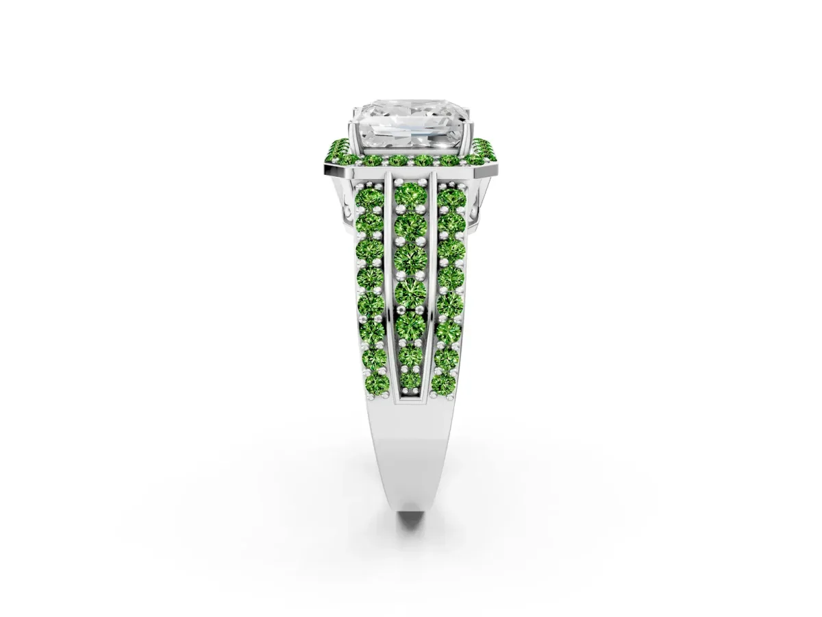Princess Cut Halo Diamond Ring with Round Peridot Split Shank and Prong Setting Silver